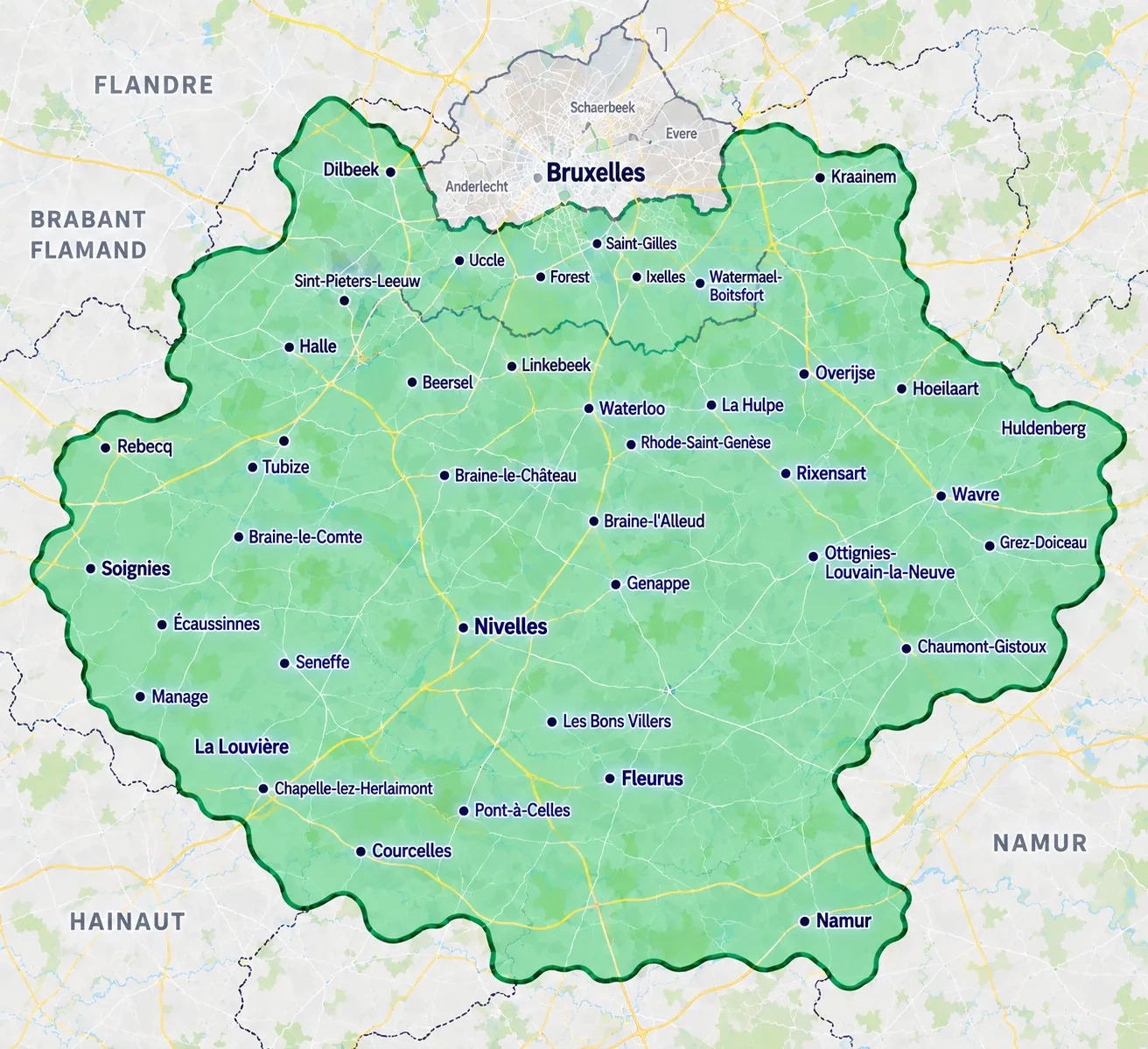 Carte de la zone d'intervention de Piscine.be : Brabant wallon, sud de Bruxelles, périphérie flamande au sud de Bruxelles, une partie du Hainaut et une partie de la région namuroise.